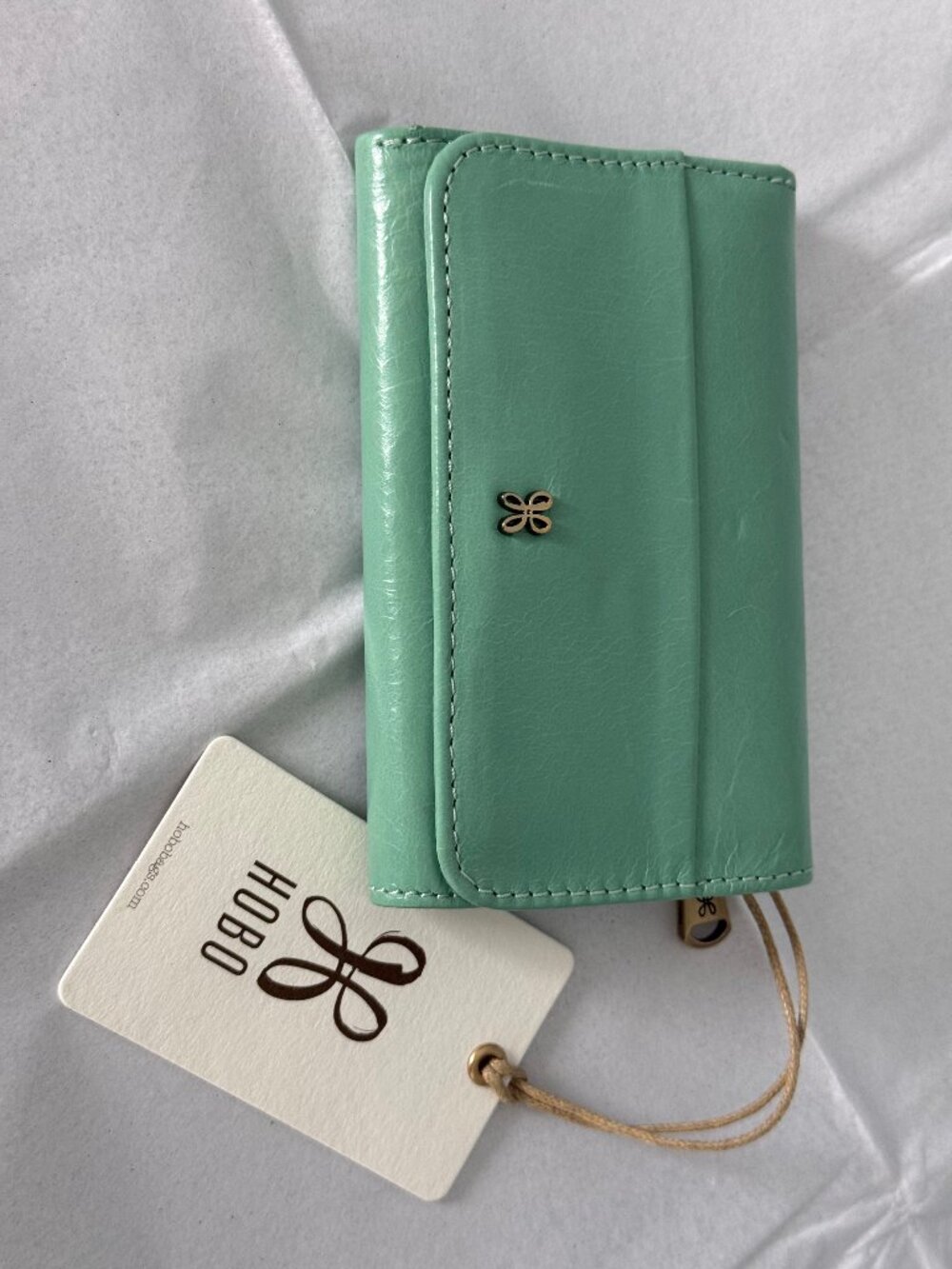 NWT HOBO Brand Mint Green Polished Leather Trifold Wallet